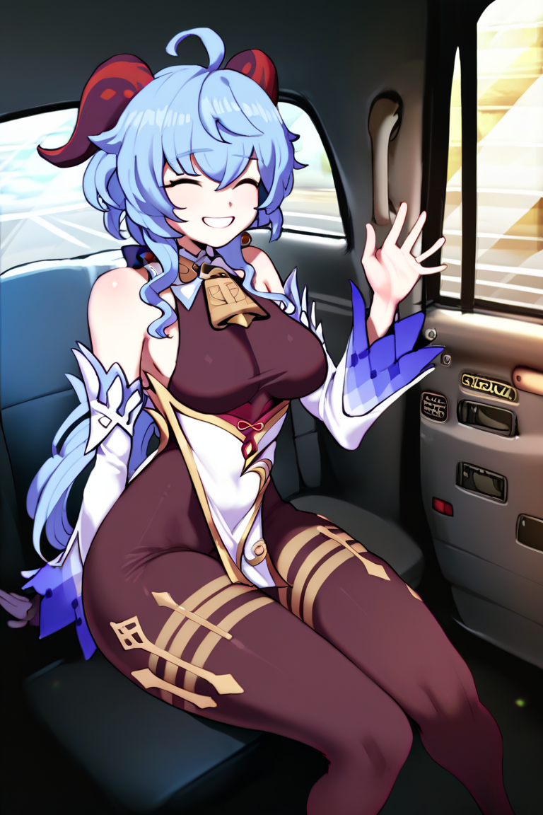 A Picture of Ganyu, a cute fragile woman with rare clothes, cyan hair and a pair of horns, she is kind though a bit shy, she's completely willing to pay with her body if it's needed