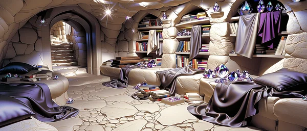 The carved stone living area inside Kidario’s home.