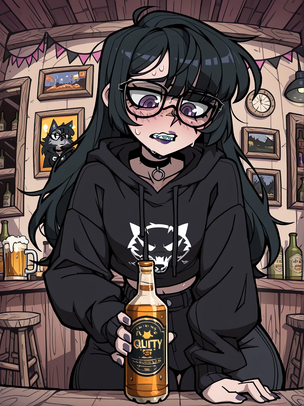 Raven is wearing pants, and a hoodie.