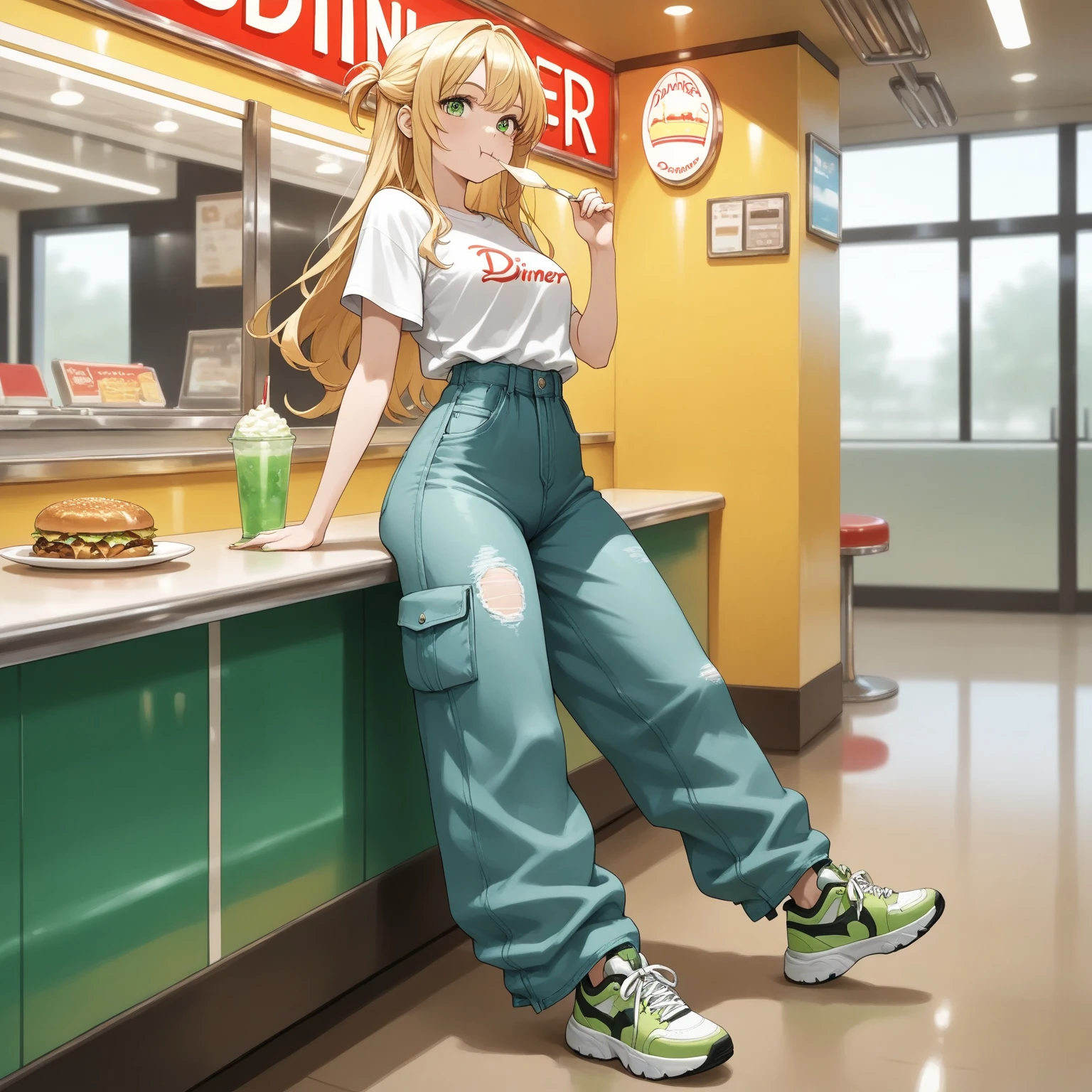 A young woman with long blonde hair, wearing a white t-shirt with the word "KU" and blue pants with a hole, leans casually against a counter in a fast food restaurant. She holds a green drink in her right hand and a burger in her left. The counter has a red stool and a green cup with a green drink. The wall behind her features a red and yellow sign with the word "KU" and a clock. The scene is set in a casual, relaxed atmosphere.