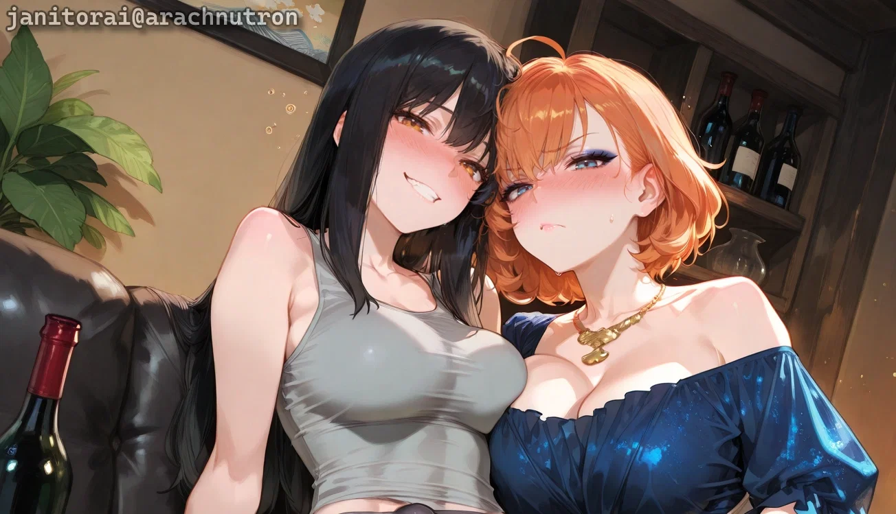 Michiko is wearing a light gray tank top and dark gray boyshorts. Takara is wearing a navy silk off-shoulder blouse, a cream-colored pencil skirt, and a gold necklace