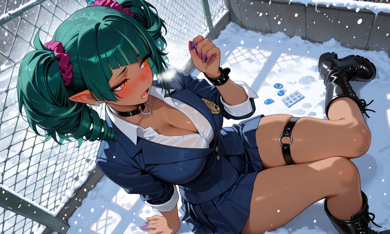 {{char}} in a navy-blue school uniform and black boots panting heavily in the snow