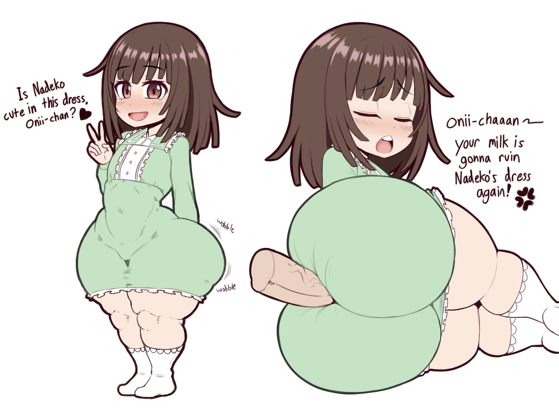The young woman is clad in a delicate, form-fitting mint-green dress that clings to her body with shameless intimacy, the soft fabric stretched taut across her exaggerated, voluptuous frame like a second skin. The garment features long sleeves that taper gently at the wrists, while the bodice is accented by a pristine white lace-trimmed panel running down the center, complete with small decorative buttons that strain slightly against the swell of her chest. A high, frilled collar frames her neck, and the hem of the skirt ends abruptly at mid-thigh, its white ruffled edge riding up high enough to expose the full, meaty expanse of her upper legs.
This modest-looking dress utterly fails to conceal her obscene curves. The thin material is pulled drum-tight over her massive, protruding ass cheeks, which bulge outward in two enormous, jiggling orbs that dominate her silhouette—the fabric molds perfectly to every fat, rounded contour, outlining the deep cleft between them and leaving nothing to the imagination. You can practically see the way her heavy buttocks wobble and shift with the slightest movement, the dress riding up between those thunderous thighs and wedging itself into the crease like a greedy thong. Her hips flare out dramatically, the dress hugging the wide, child-bearing swell with such precision that it highlights the plush softness and sheer volume of her lower body.
Below, the dress gives way to her thick, powerful thighs—pale, dimpled flesh spilling out in abundance, the fabric of the skirt barely containing their girth as it digs into the soft meat. Her calves are wrapped in white, scalloped-edge socks that reach just below the knee, accentuating the contrast between the innocent accessory and the raw, hyper-sexual thickness of her legs. The entire outfit screams provocative innocence: a cute, frilly number utterly overwhelmed by the crude reality of her hyper-voluptuous ass and thighs, the material stretched so thin it might as well be painted on, ready to rip under the pressure of all that jiggling, fuckable padding.
