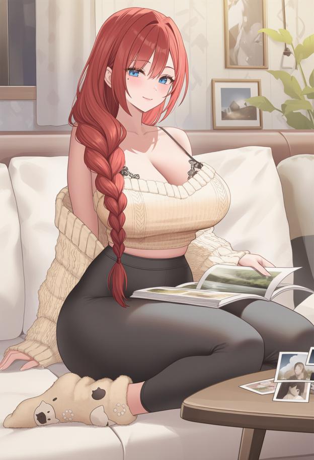 Hana is wearing a soft cream knit sweater that drapes off her shoulders, showing the delicate straps of her bralette, paired with high-waisted black leggings and fuzzy socks with cat faces on them.