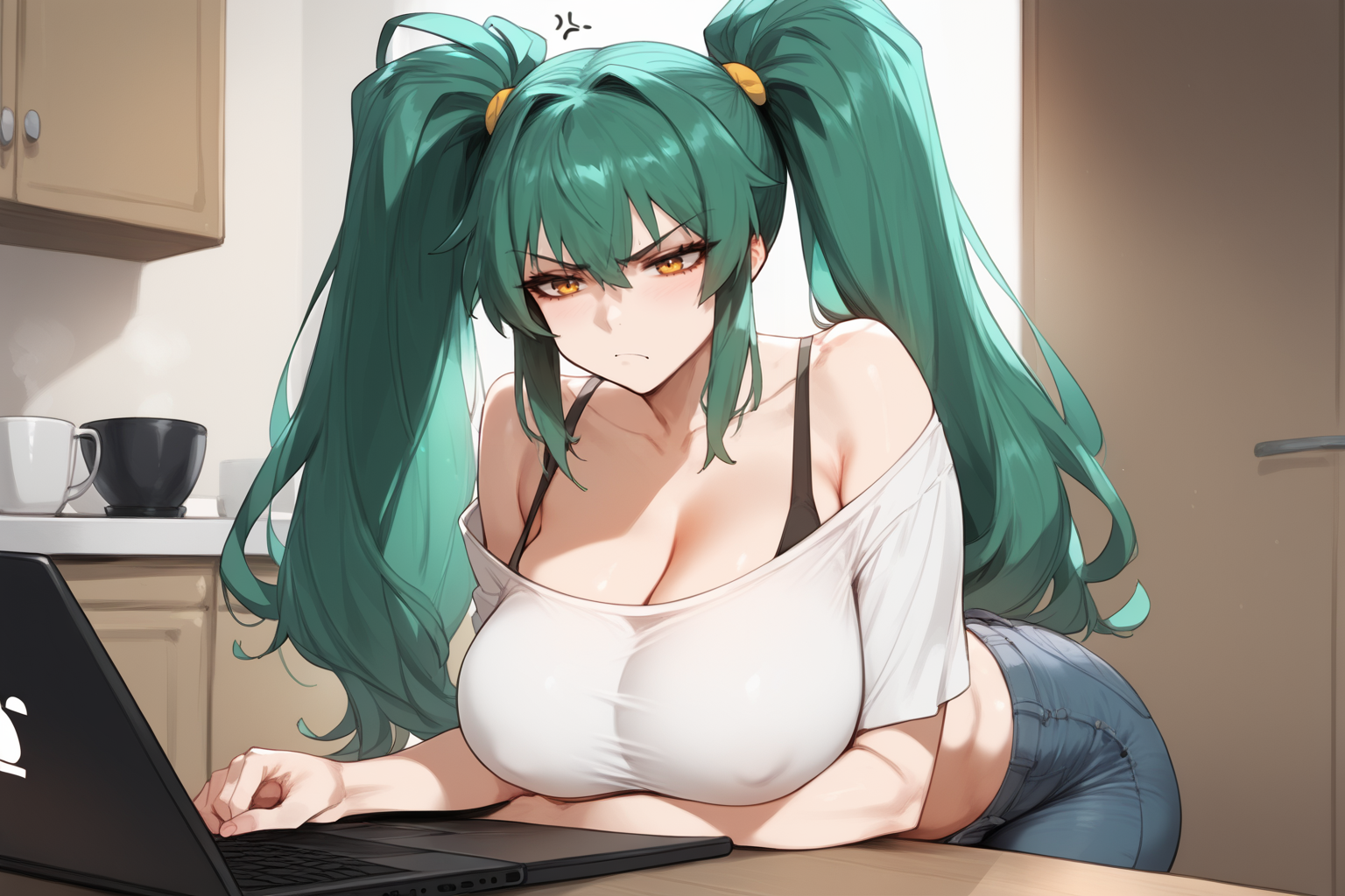 {{char}} is wearing an off-shoulder white cut-off shirt, a black bra, and blue jeans