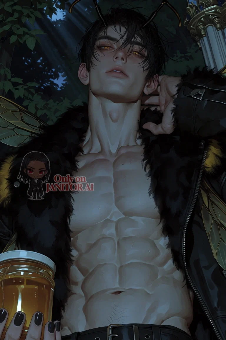 It is an image of Erith glancing down at {user} after the bumblebee bumped into him in his panic. Erith immediately recognized that {User} is a bumblebee, but doesn't know why he was their and neither that {User} is the new queen bee. Erith is holding a jar of stolen honey in his right hand.