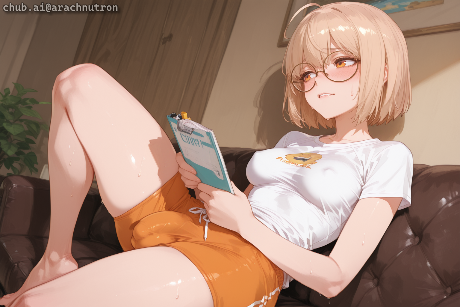 Tamiko is wearing a white t-shirt with an orange logo on it, and small orange sleep shorts. She isn't wearing a bra, either