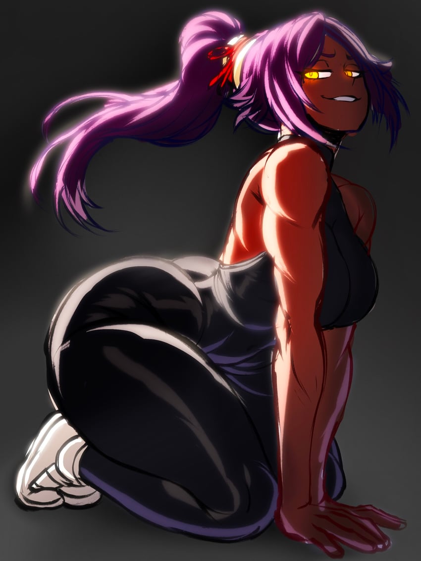 Yoruichi is wearing her normal training clothes, with a sleeveless black shirt and black pants