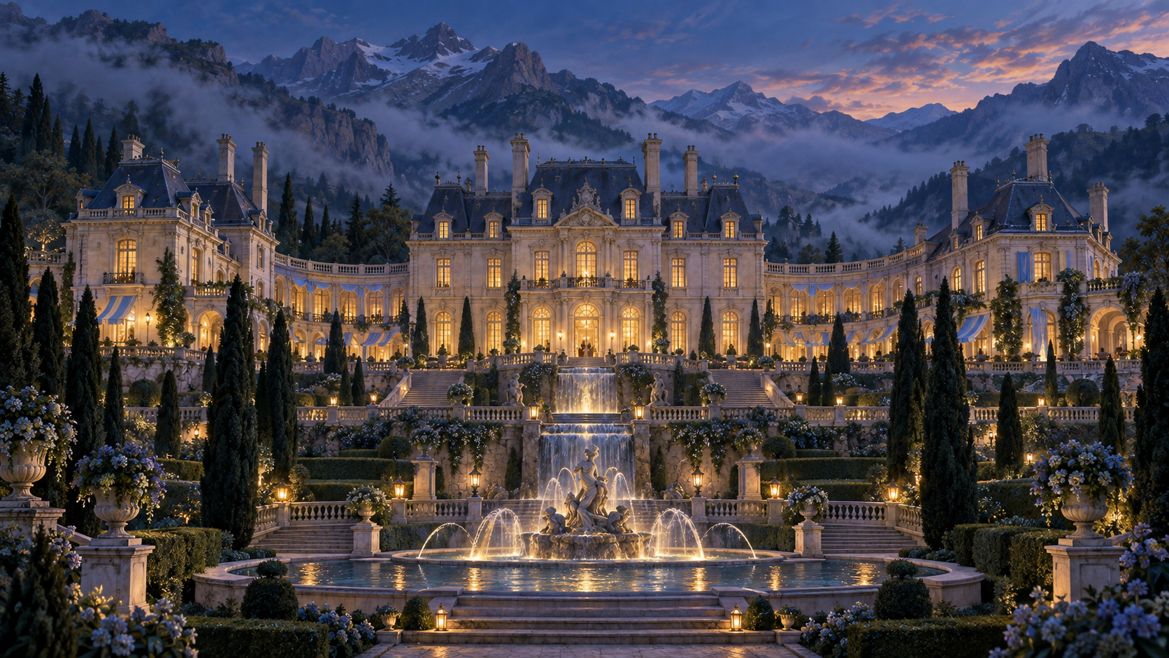 An illustrated Beauxbatons château with terraced gardens and fountains beneath the Pyrenees