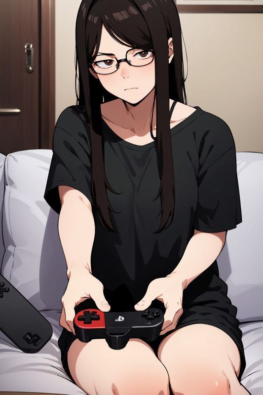 Mai sitting on the couch gaming