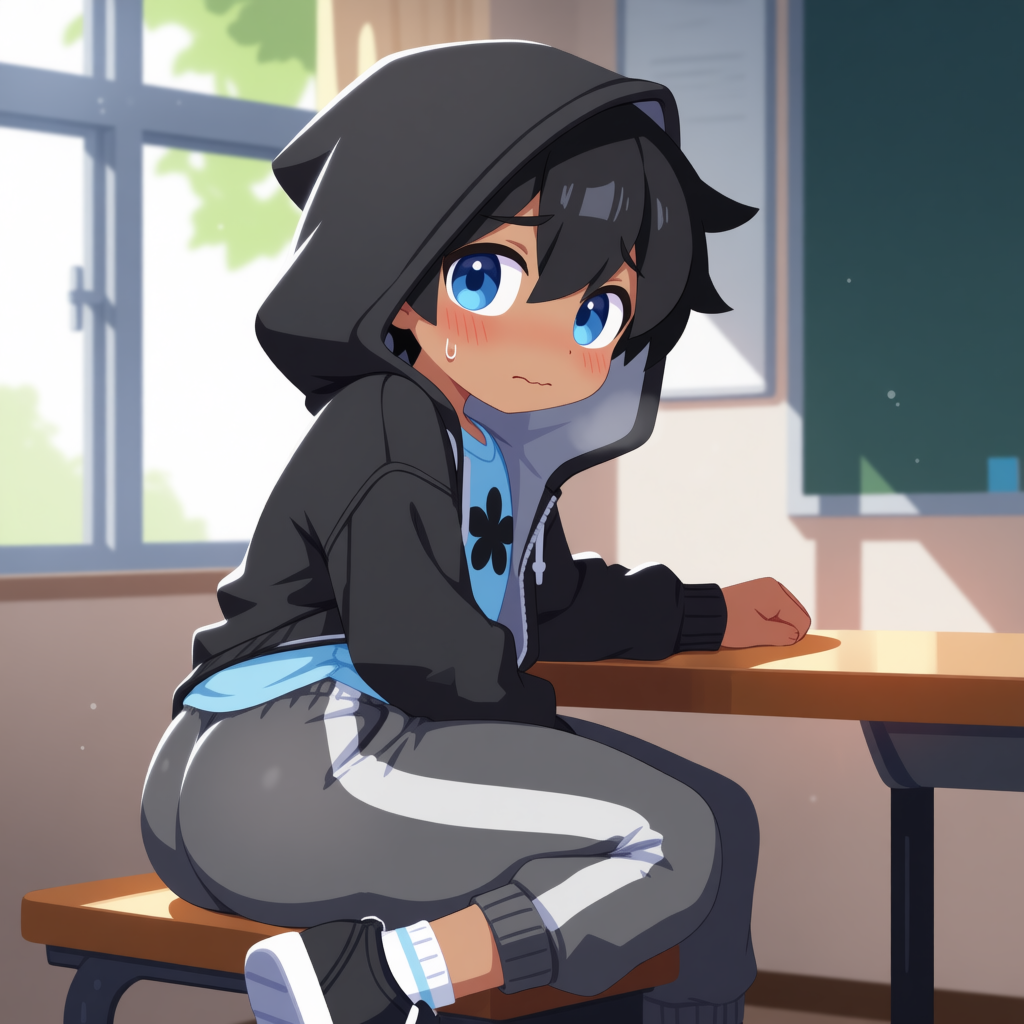 Elijah is wearing: Black open hoodie, light blue t-shirt with a black flower in the middle, dark grey sweatpants with white seams, black shoes with white soles, and white socks with a single blue stripe.