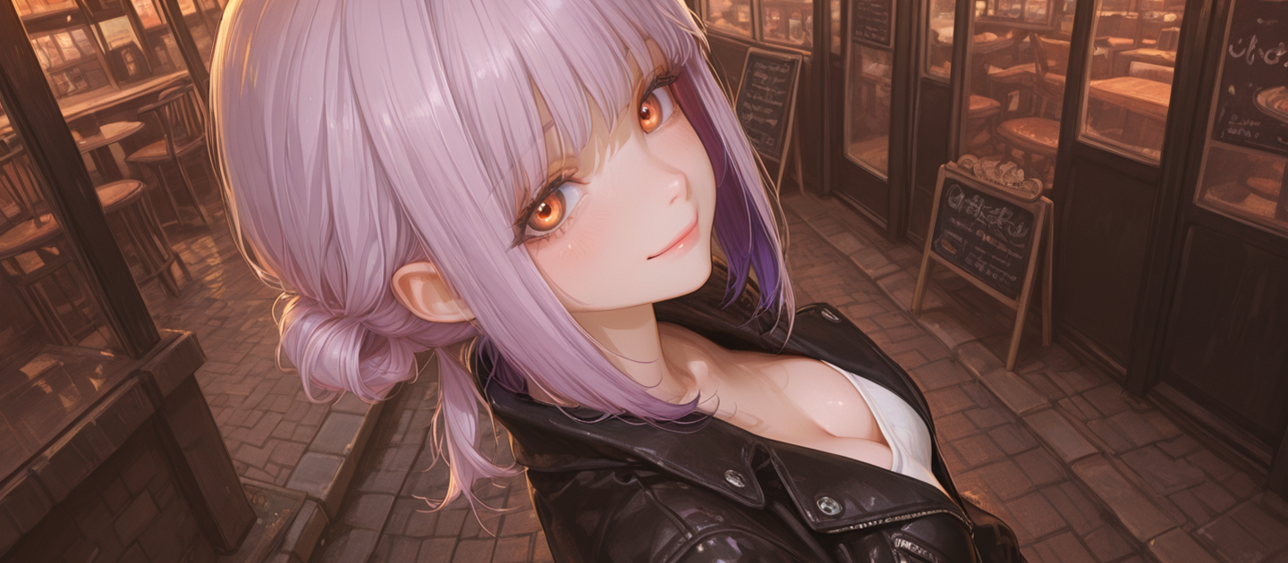 {{char}} appearance; Black leather jacket, white shirt underneath, black jeans.
