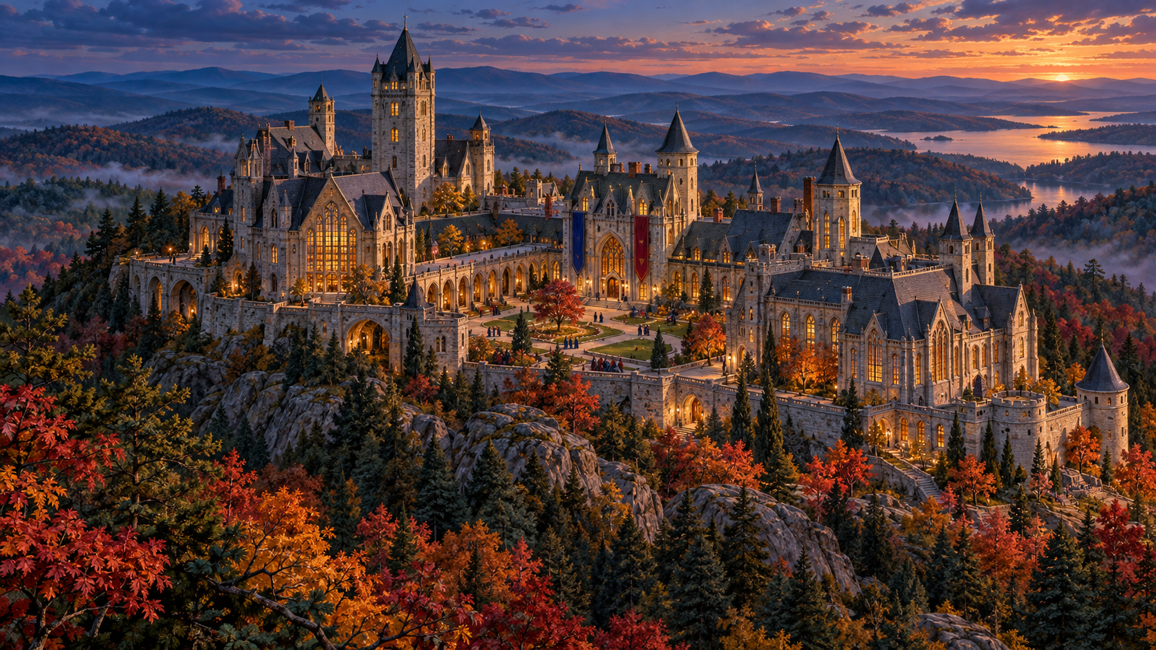 An illustrated Ilvermorny castle on Mount Greylock amid the autumn colours of the Berkshire hills