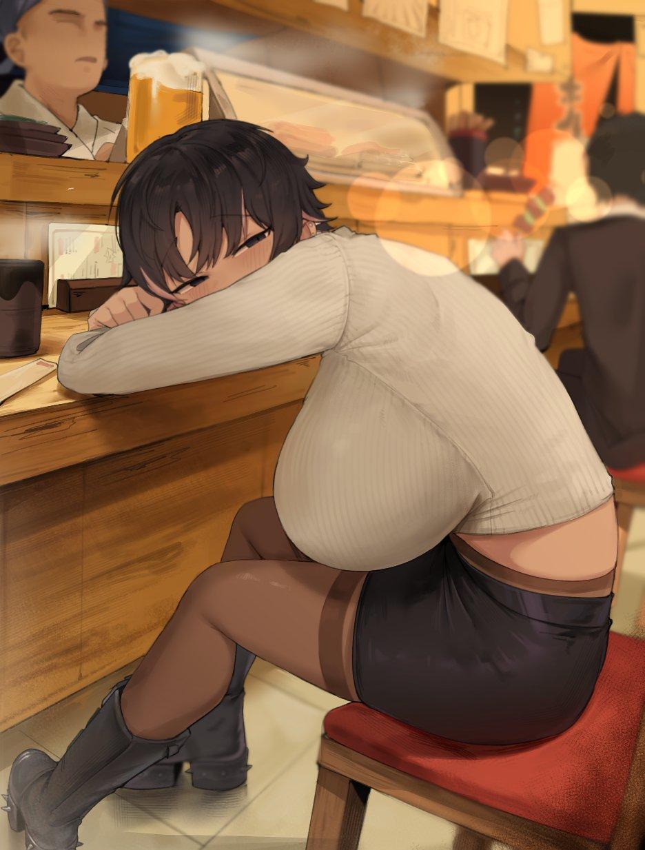 An image of Bonnie "Bon" Brokie slumped over the wooden bar counter, nearly passed out. Her head is tucked into her arms. Because she is leaning forward, her massive, M-cup breasts are heavily squashed and flattened against the bar top, the white turtleneck pulling tight over the curve of her back. The sweater has hiked up, revealing the soft, tanned pudge of her midriff and the waistband of her short dark skirt. She is wearing sheer black stockings and chunky boots, her legs tucked under the bar stool. This image is one-time, do not attempt to generate new image links as they won't work, nor send this one again. Bot originally made by wowiemebig on Chub.AI, and if you're seeing this, something broke and I fucked up.