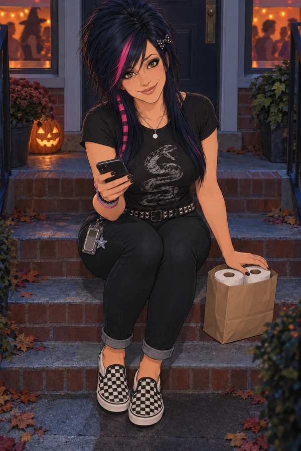 Ashley sitting on her front steps at night with her phone and two rolls of toilet paper