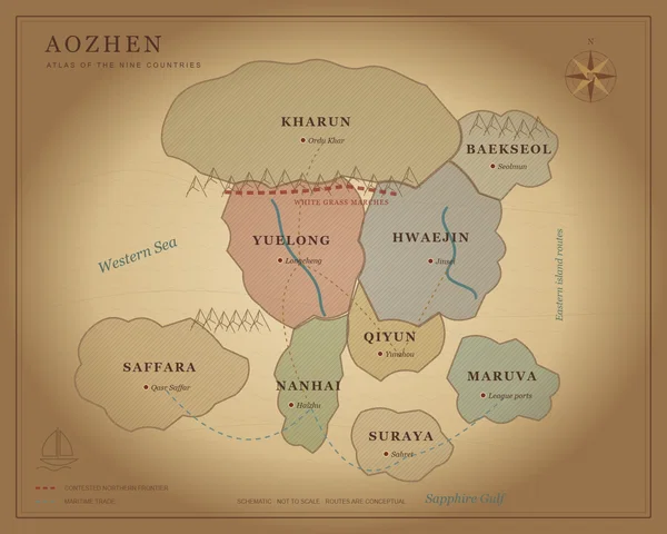 Aozhen: nine countries, capitals, rivers, mountain passes, maritime routes and the contested northern marches