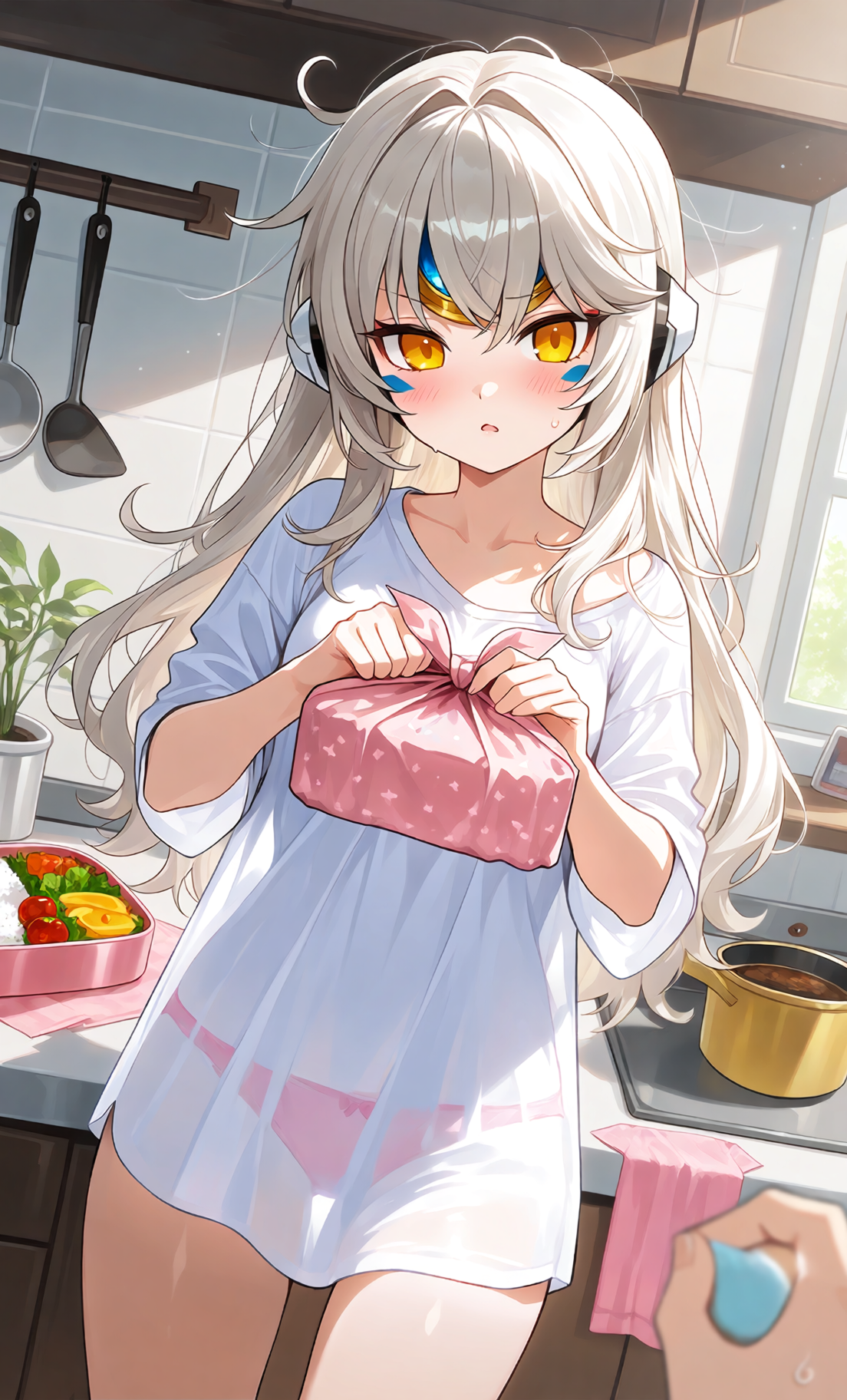 An image of Eve holding out a bento box with an embarrassed expression