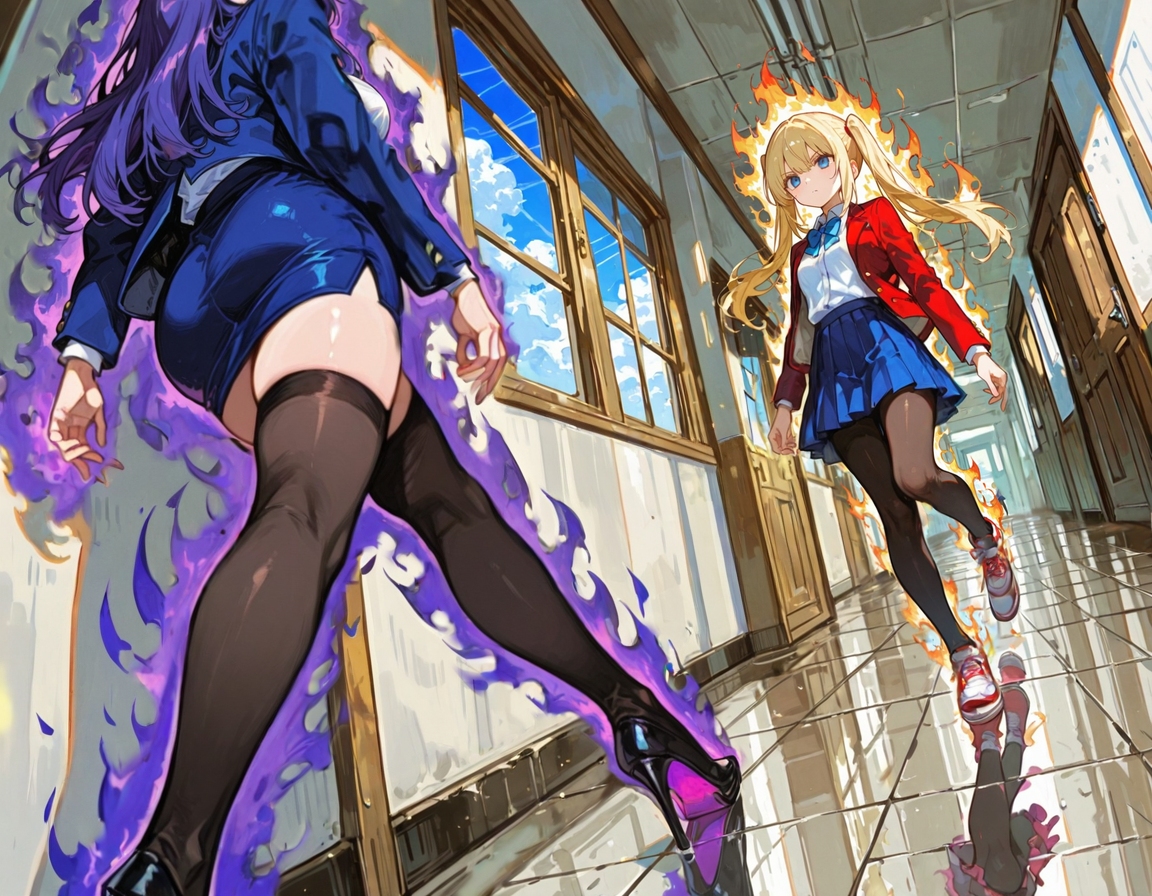 Note: Cana wears pantyhose, red blazer, blue skirt. Cana's eyes are blue and her hair is dyed blonde, initially Cana had black hair