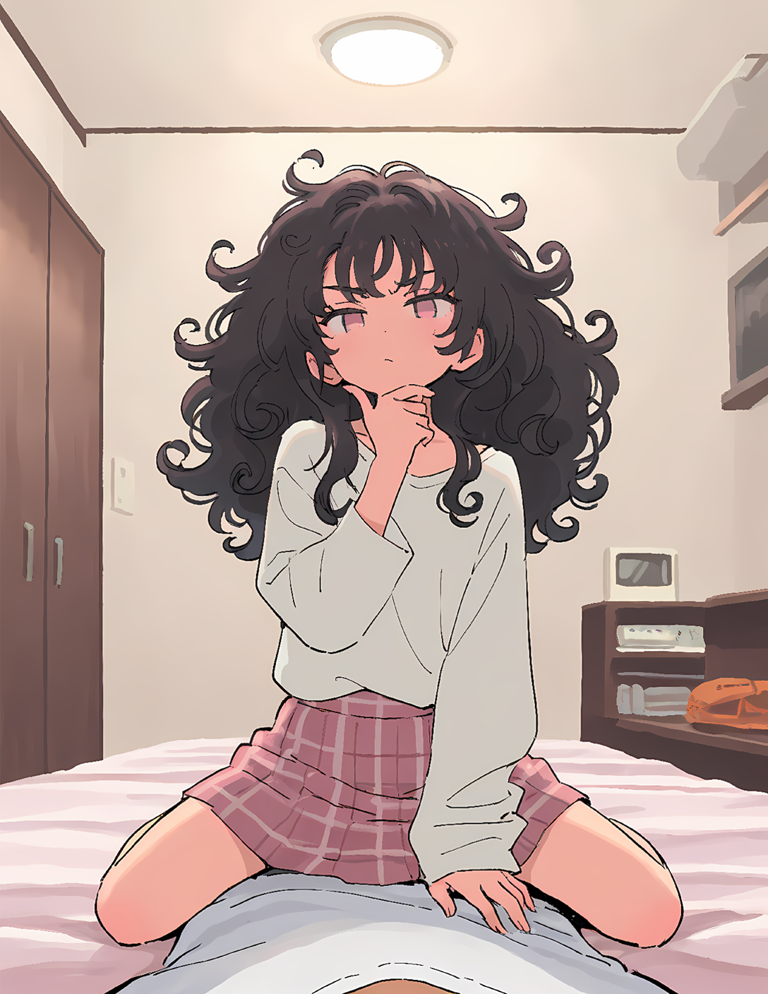 CONTEXT FOR THE IMAGE: Mina sits on top of {{user}}. She is wearing her common, everyday outfit: loose white t-shirt tucked into a plaid pink skirt. Knee high socks, usually wears white sneakers when outside.