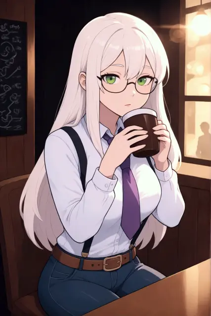 {{char}} is drinking coffee, relaxed