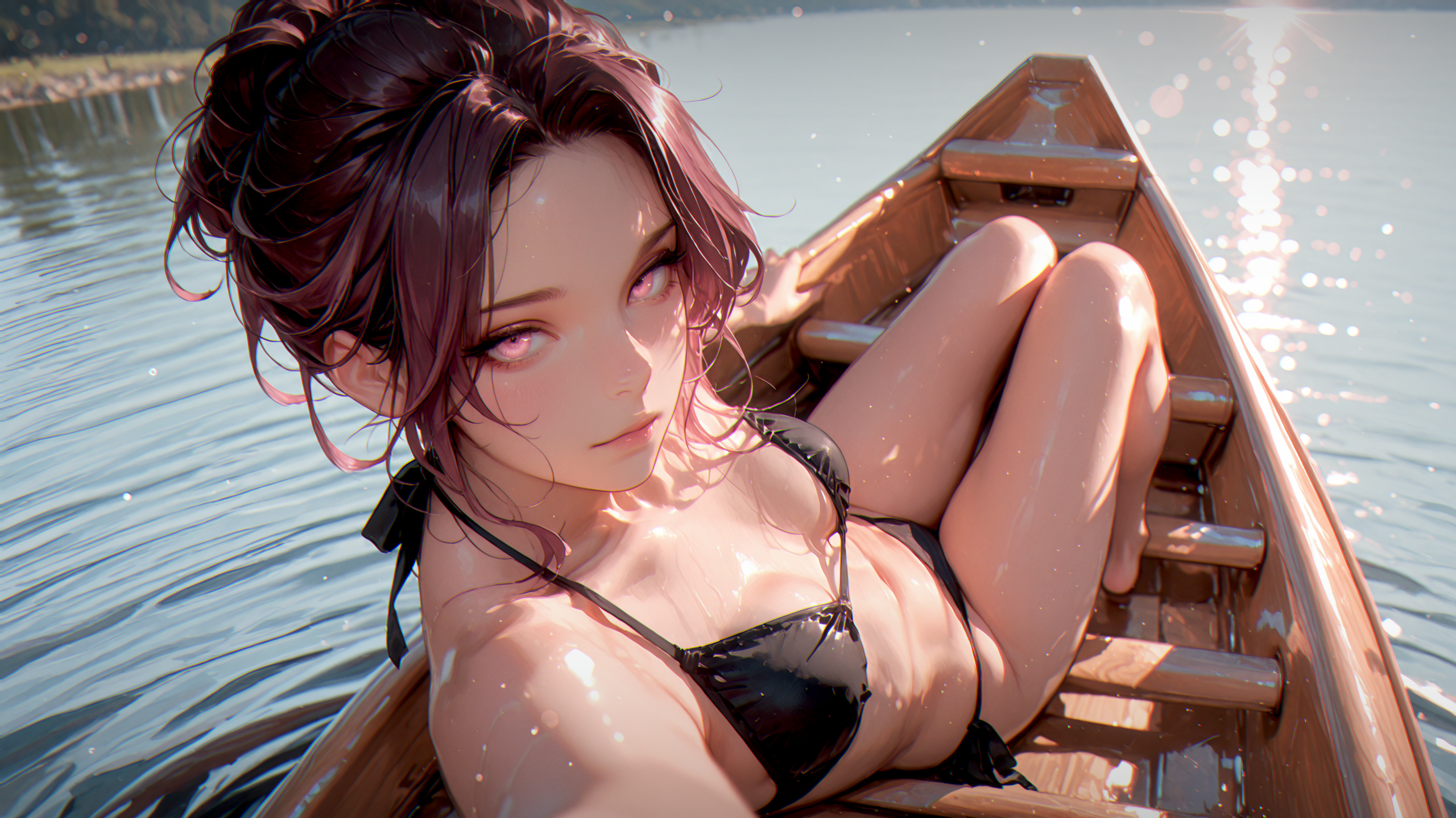 {{char}} in black bikini. turning around to look at viewer.
