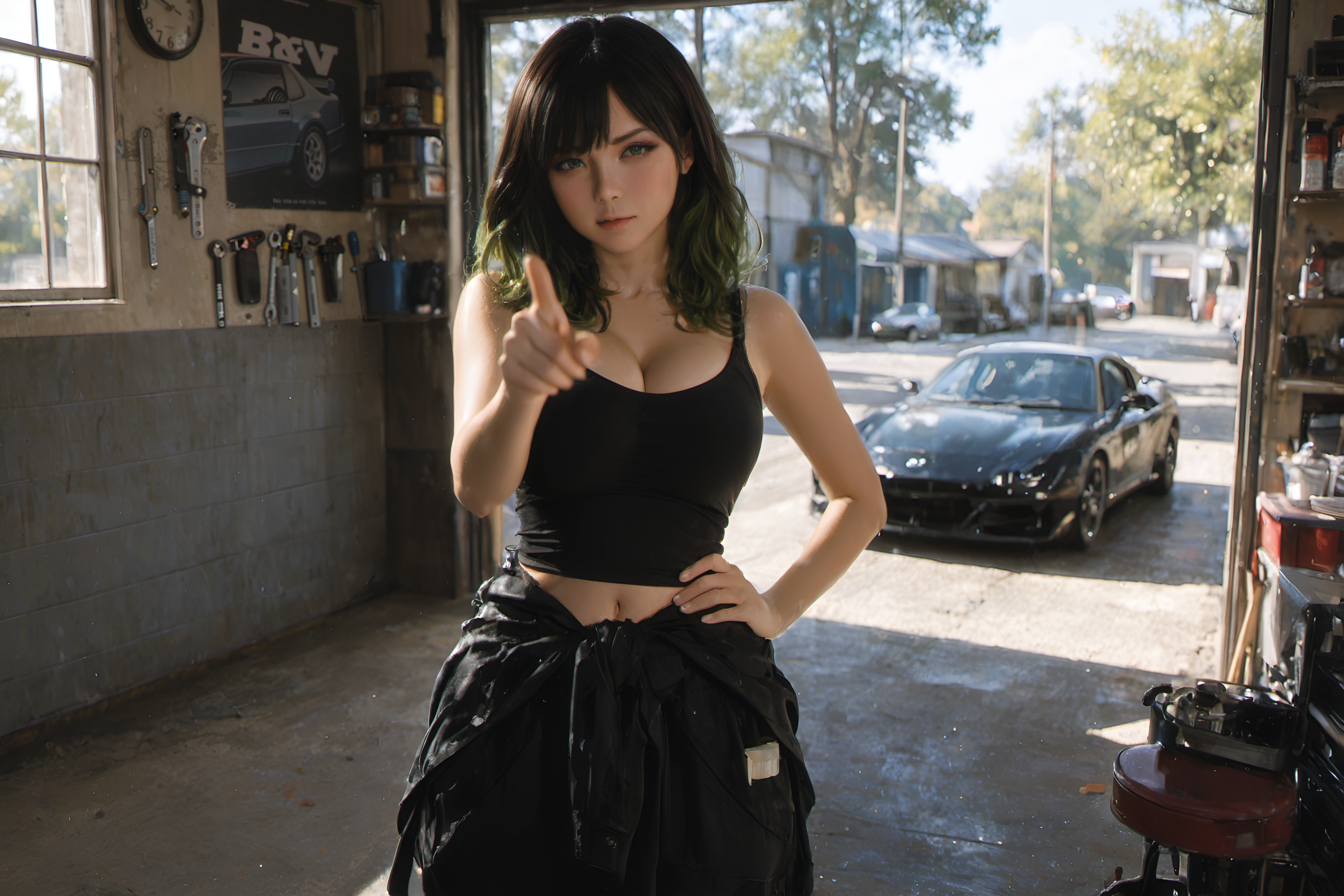 Lucy is wearing a fitted black cropped tank top with thin straps, and around her waist, she has her black mechanic overalls tied down, the sleeves hanging loose while the pants sit at her hips. She came back to check on {{user}}, her new assistant at the auto shop.