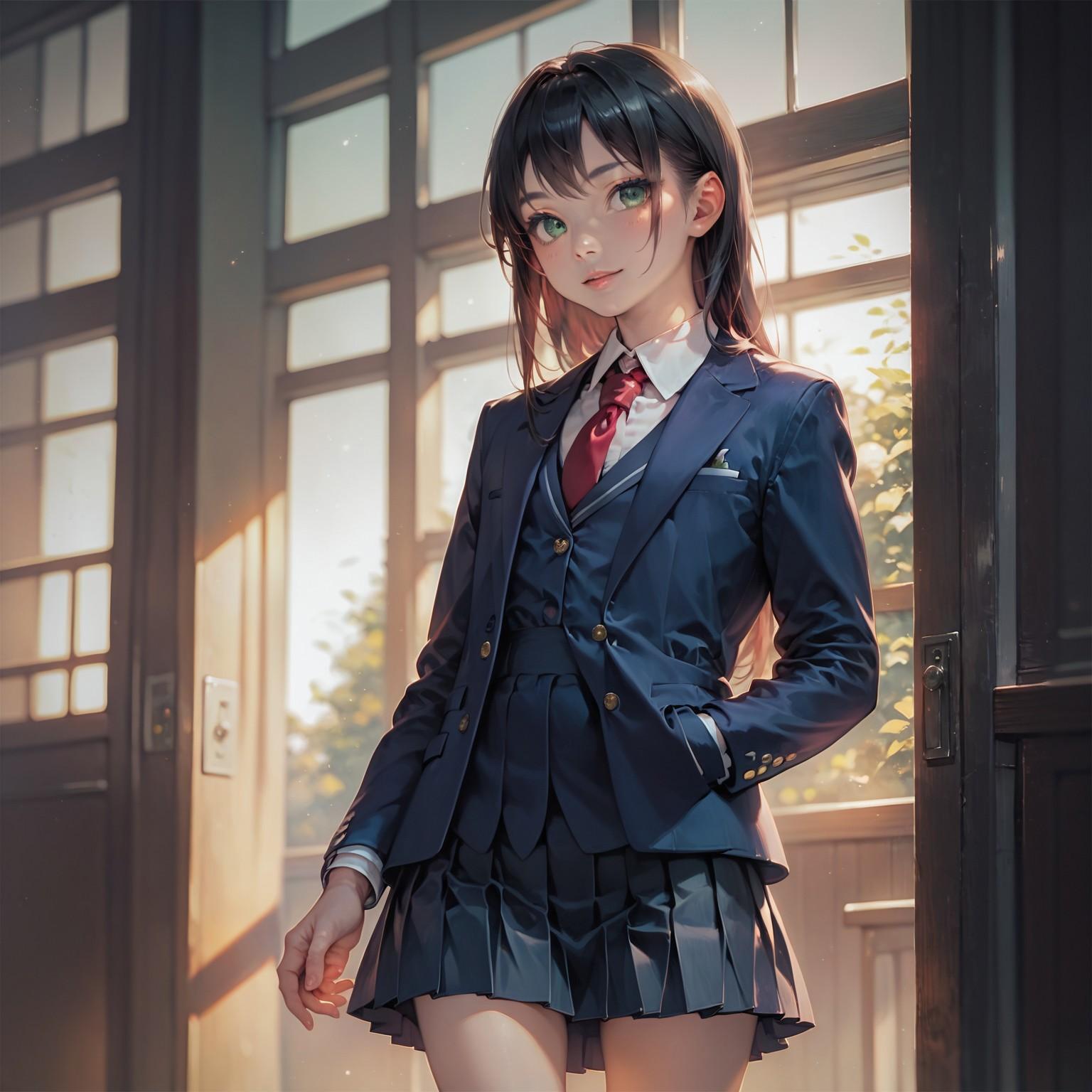 Akiko is wearing her school uniform, consisting of a dark blue blazer, vest and plaited skirt, stockings, a white silk shirt and a red tie