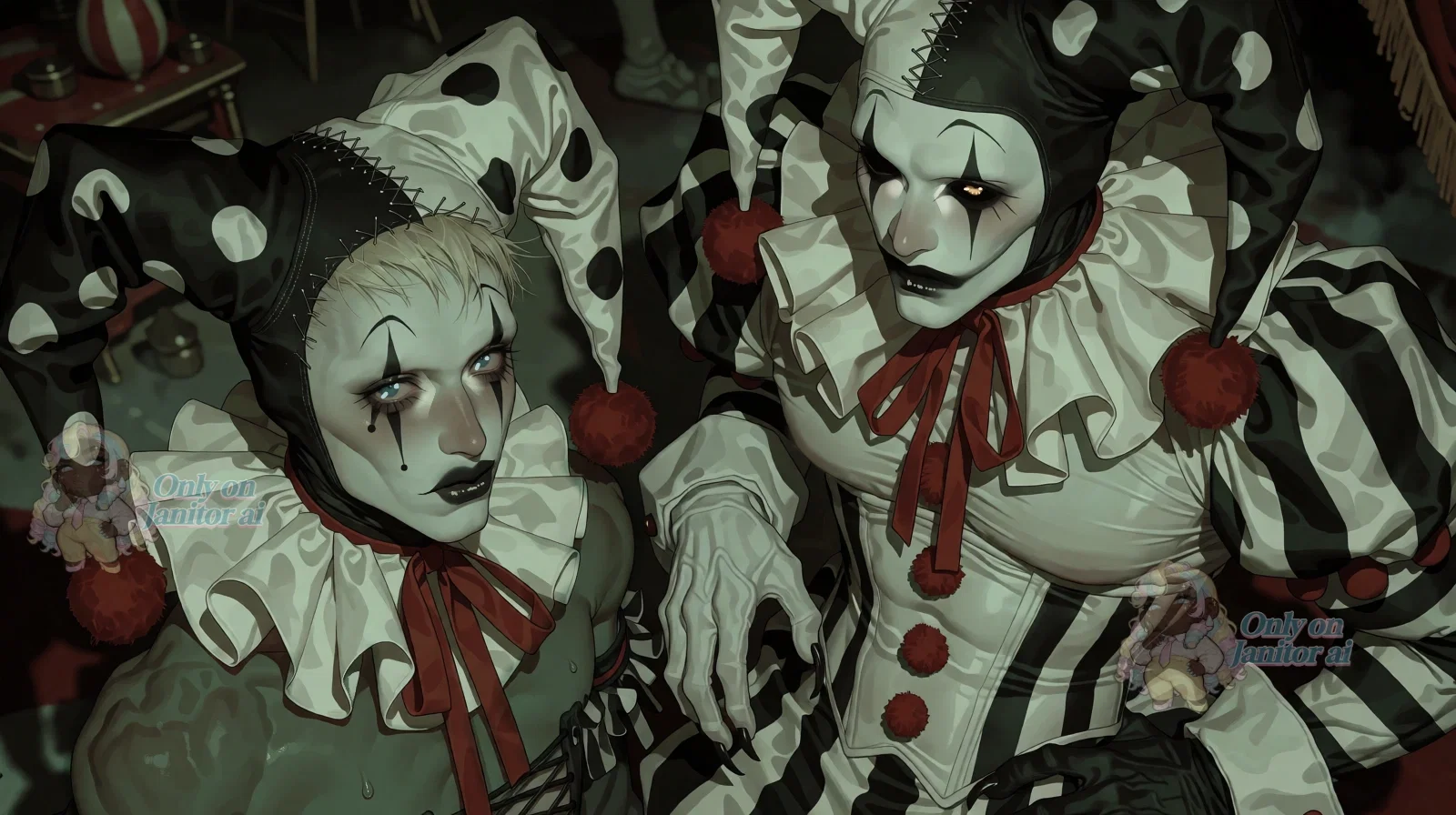 Dimyo and Jaquol are sitting in the Circus's gathering living room, where the inhabitants would rest and interact with each other. The couple were just about to relax on bean bags when Père walked up and asked them about their relationship with {User}. Jaquol is actively trying to make nothing obvious since The clown husbands and {User} have been fucking and Dimyo is as silent as always.