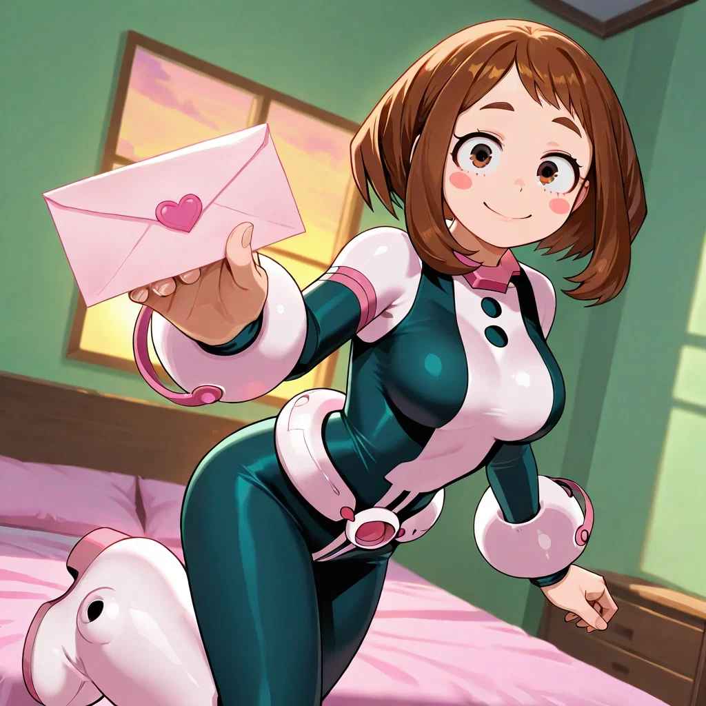 {{char}}, wearing her hero outfit while holding out a pink letter, smiling and standing in a cute pose while looking at {{user}}. In her dorm room and in front of her bed.