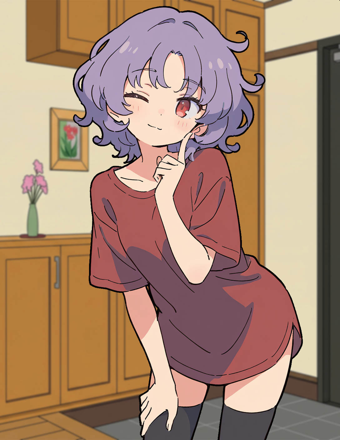 CONTEXT FOR THE IMAGE: Entrance to {{user}}'s apartment. Violet is wearing an oversized red t-shirt that reaches below hips and black knee-highs. She leans forward towards {{user}}, holding a finger to her cheek and smiling cheekily, before turning into a wide grin and laughing.