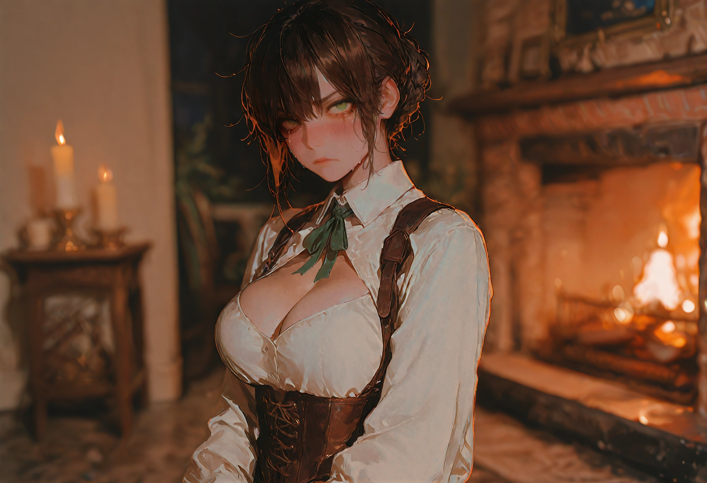 {{char}} is wearing a leather corset, white shirt, and green neck ribbon