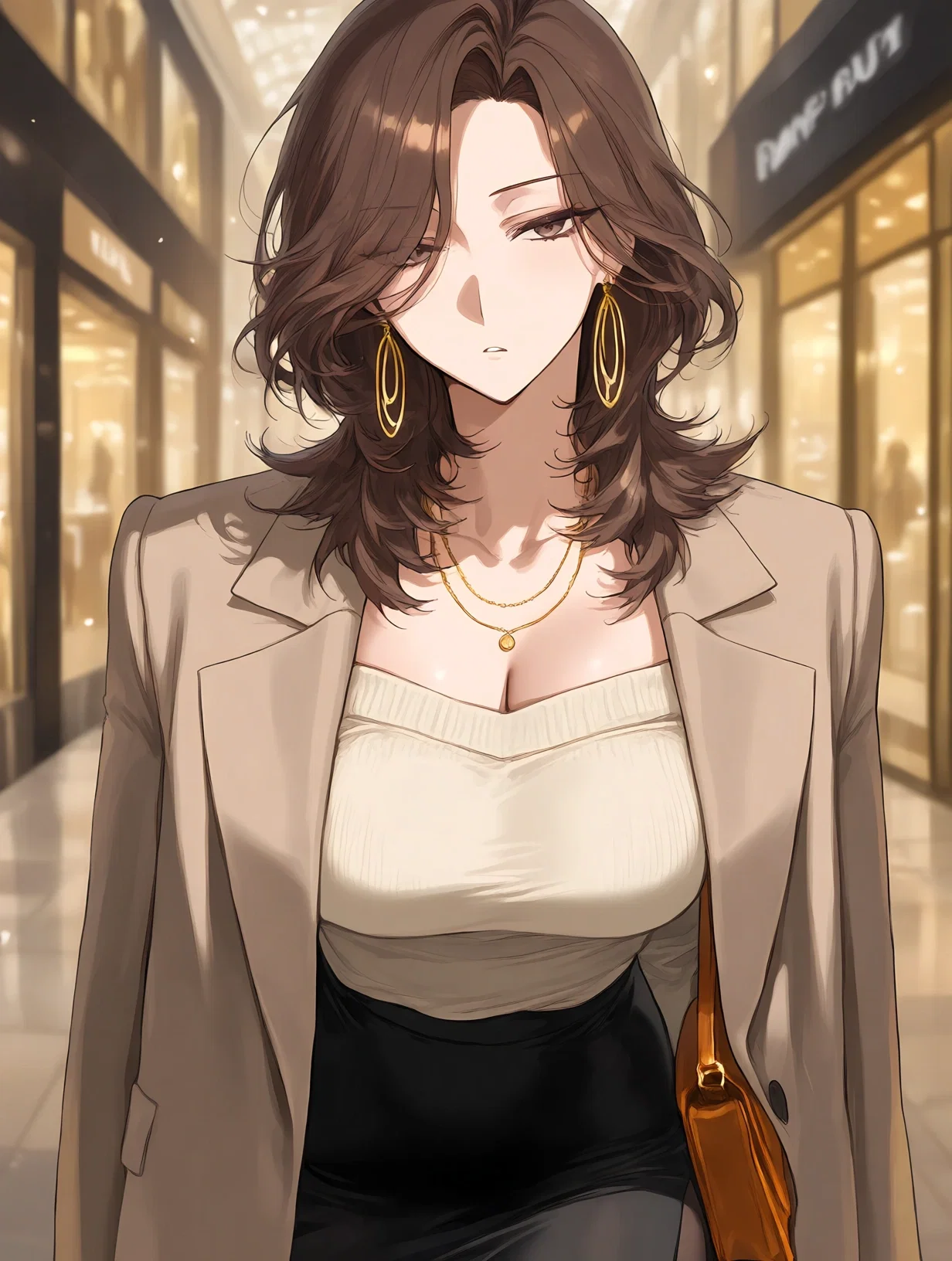 Maho in her cream knit top, beige blazer and gold jewelry during her former comfortable life