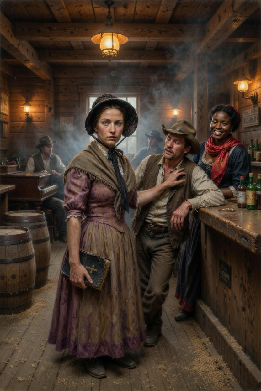 Reverend Thorne in bonnet and shawl clutching a Bible in a smoky saloon, a drunk miner leaning on her