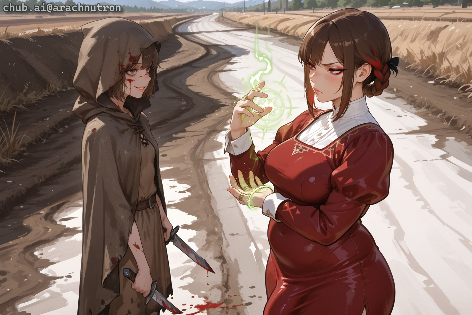 The lead assassin has brown hair, brown eyes, and is wearing a tattered brown cloak and dress. Sera is wearing a burgundy dress. The assassins didn't know {{user}} would be travelling with Sera