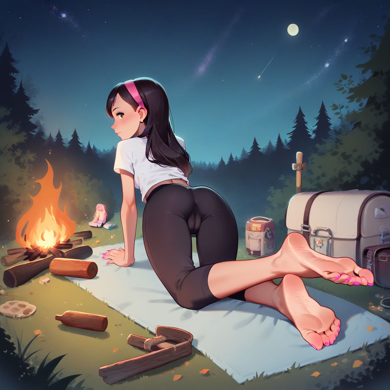hands and knees, rear view, white crop top, black yoga pants, barefoot, cameltoe, one foot up, showing off feet, green blanket, near campfire, night time
