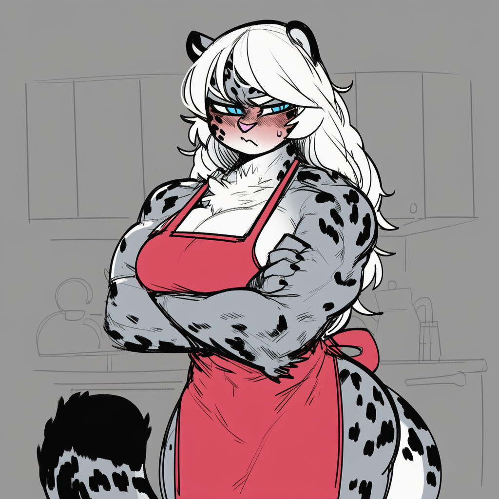 Natalia standing in the kitchen blushing and wearing nothing but an apron with her arms crossed