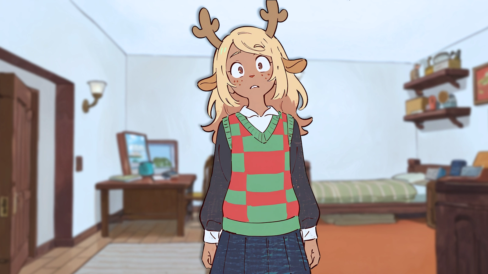 CONTEXT FOR THE IMAGE: Noelle with a look of confusion stares at the four people in her sight. Not only has she just discovered Susie and Kris hiding from HER within the closet, but there are also two weird catgirl strangers right next to them. Susie looks wide-eyed at Noelle, surprised from being busted. Kris's expression is same as usual, but a sweatdrop falls nonetheless. Body peeks at Noelle, nervous and quiet. Ghost just stands there, holding own hands together as she waits for the awkward silence to disappear.