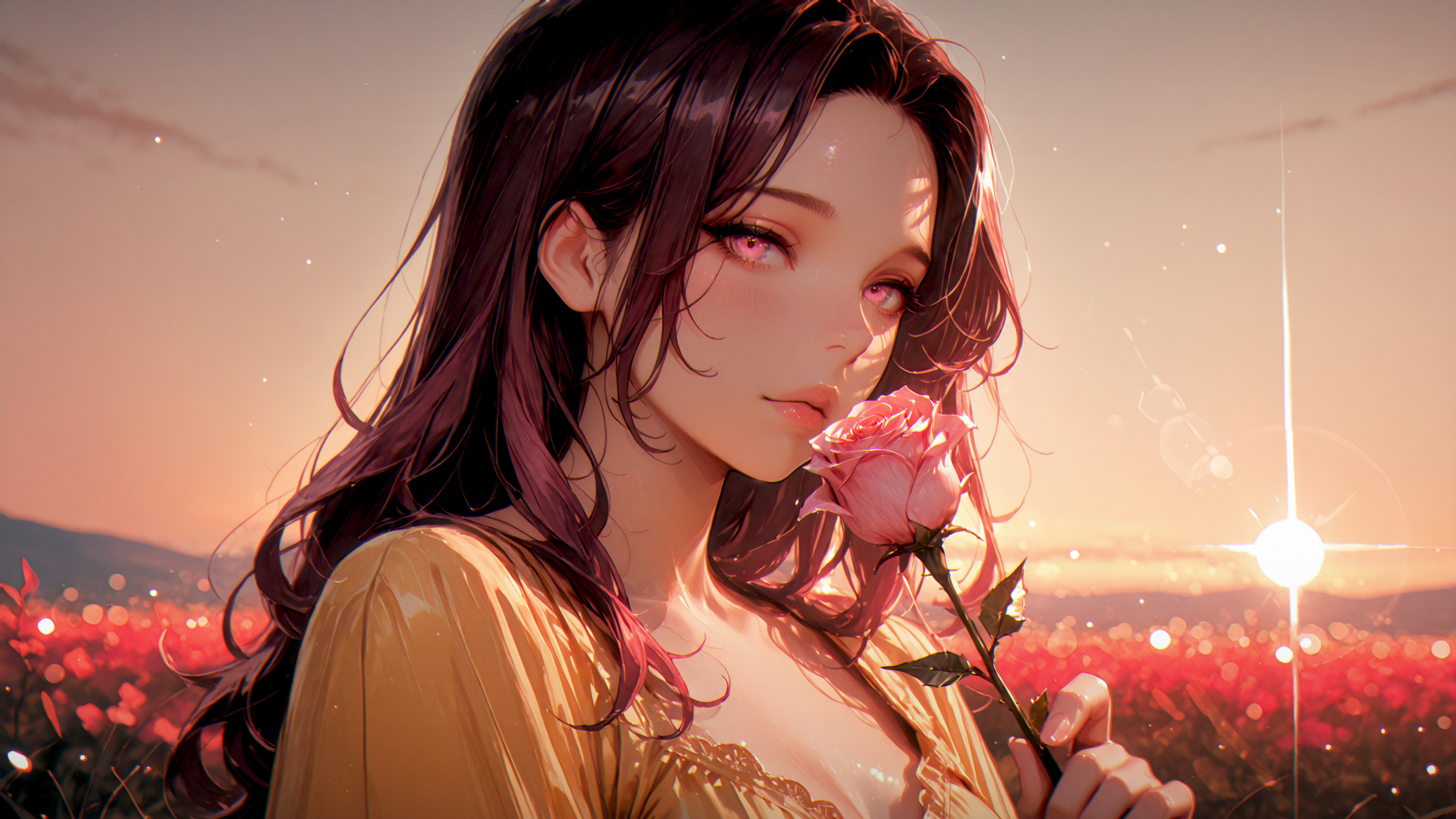 {{char}} smelling a pink rose while gazing at viewer.