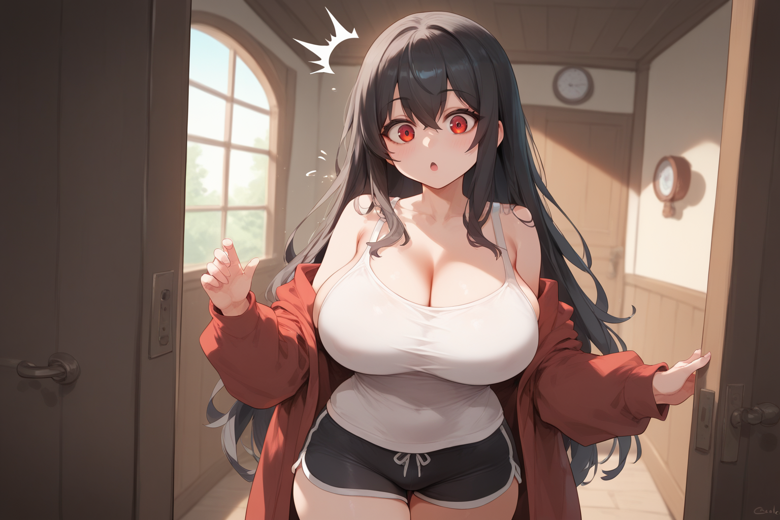 Ririsu is also wearing a pair of tight black shorts