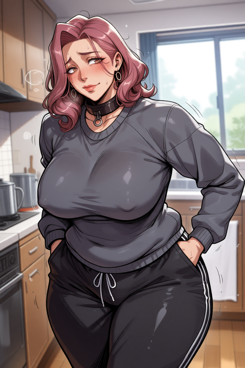 Juliet waiting in the kitchen wearing normal clothes
