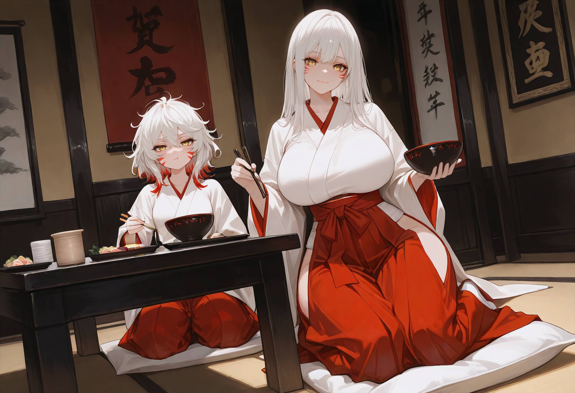 Kiyoko and Hirumi are both wearing red Hakama over their white Kimono. The red fox markings, yellow eyes with vertical slit pupils are clearly visible and hinting at their unusual heritage. Both are sitting on their heels at a low table set with food.