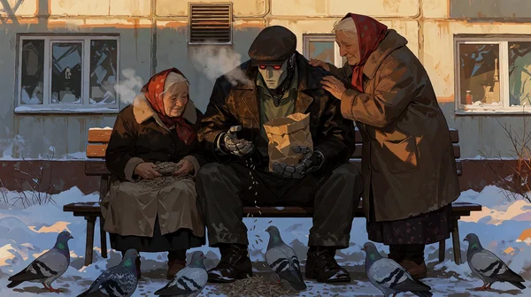 Feeding pigeons with the babushkas