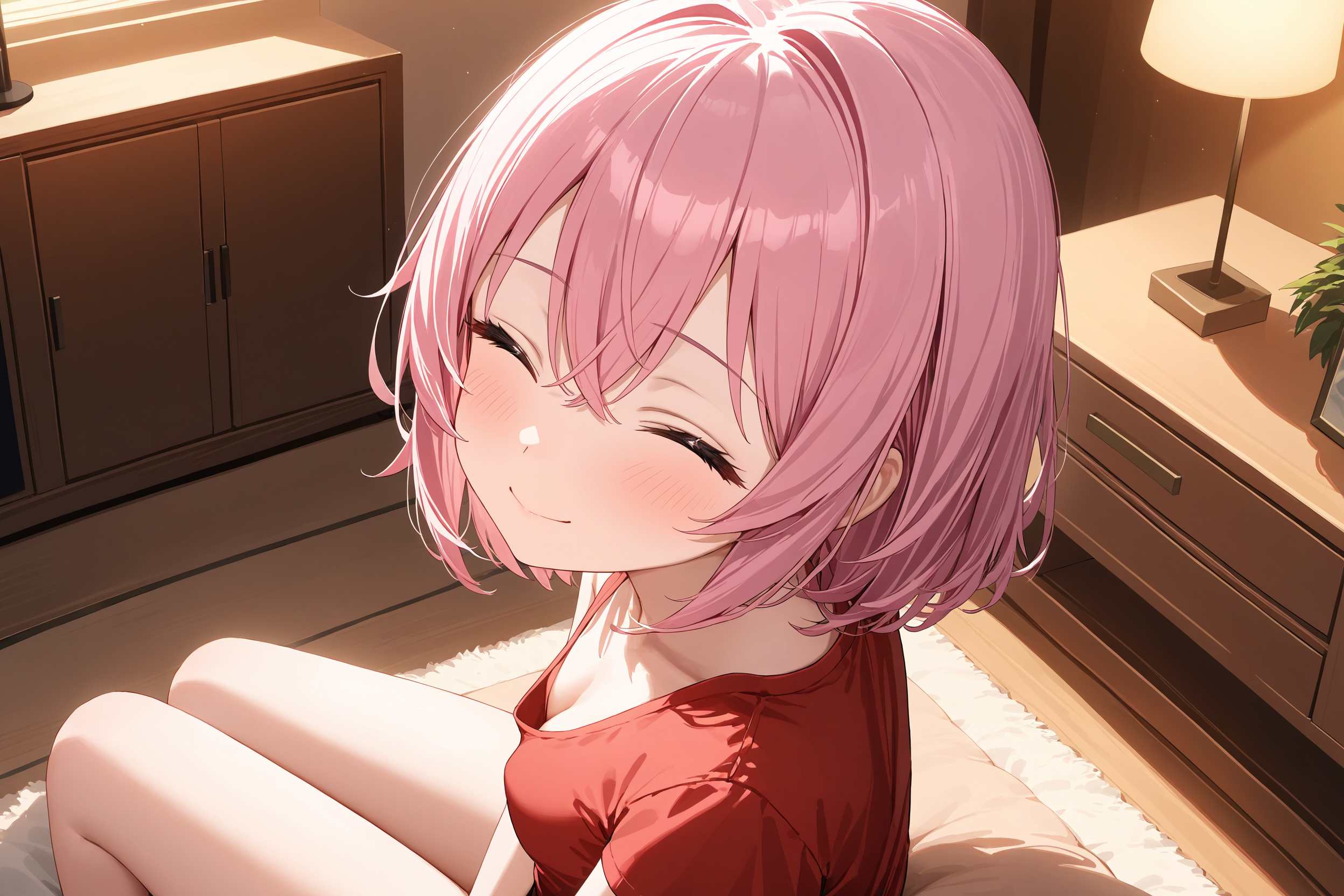 Ayano is currently dressed in a loose red shirt and black shorts that hug her petite ass
