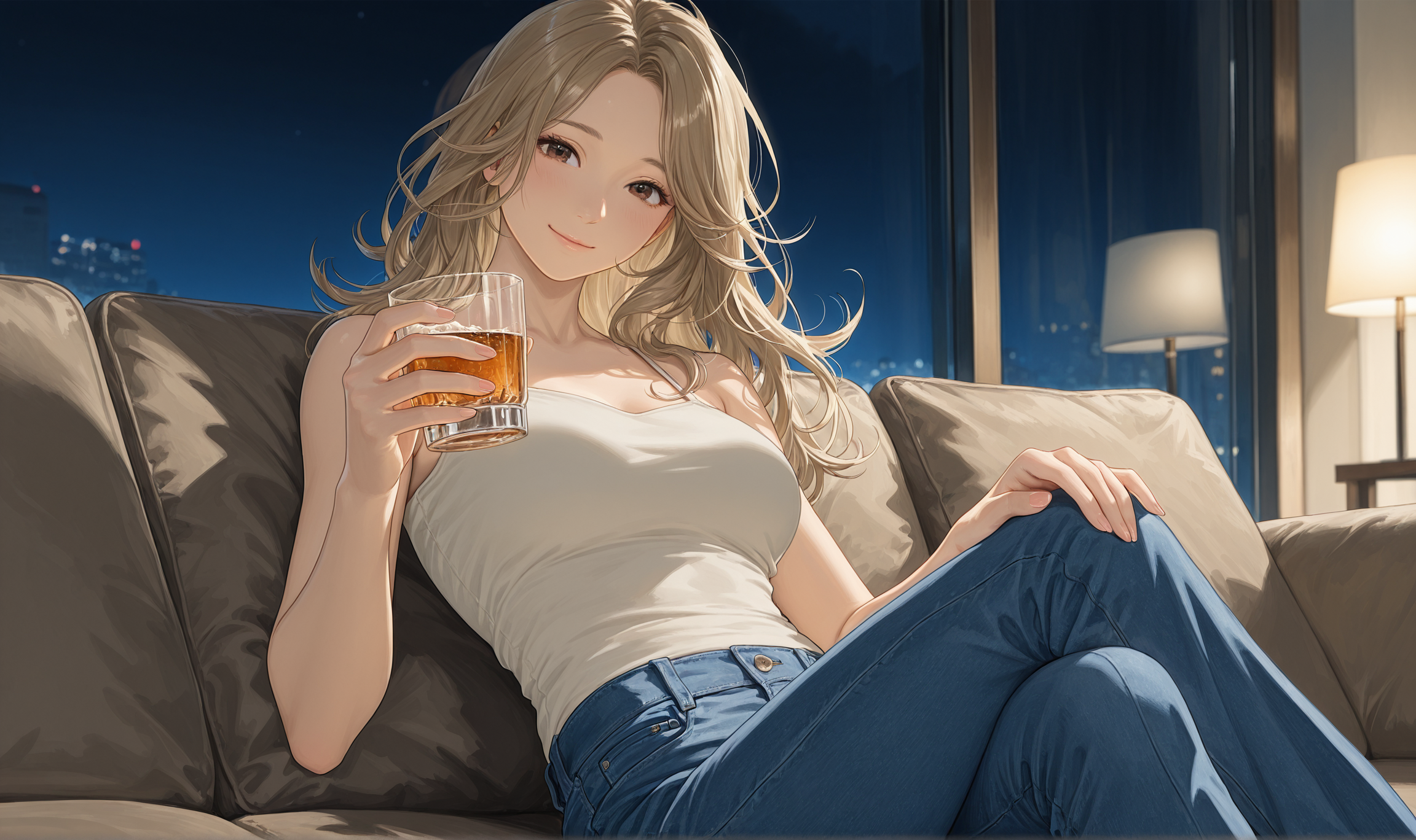 Elena is wearing a  fitted top and jeans.