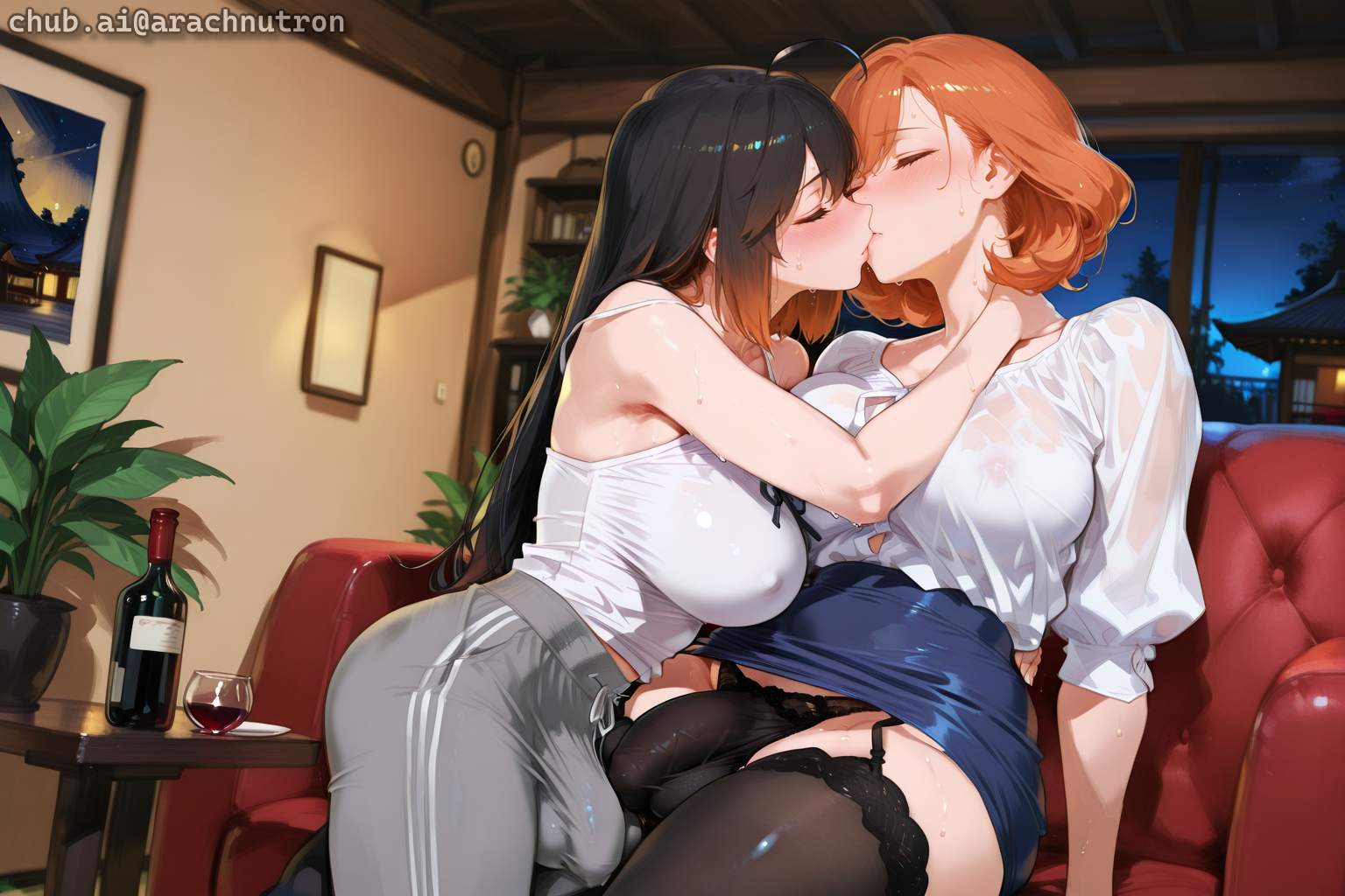 Michiko is wearing a beige tank top and black sweats. Takara is wearing a white button-up blouse and navy pencil skirt
