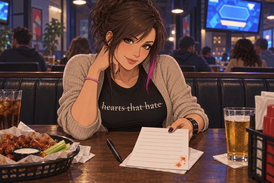 Ashley at a wings-place trivia table, pen hovering over the answer sheet