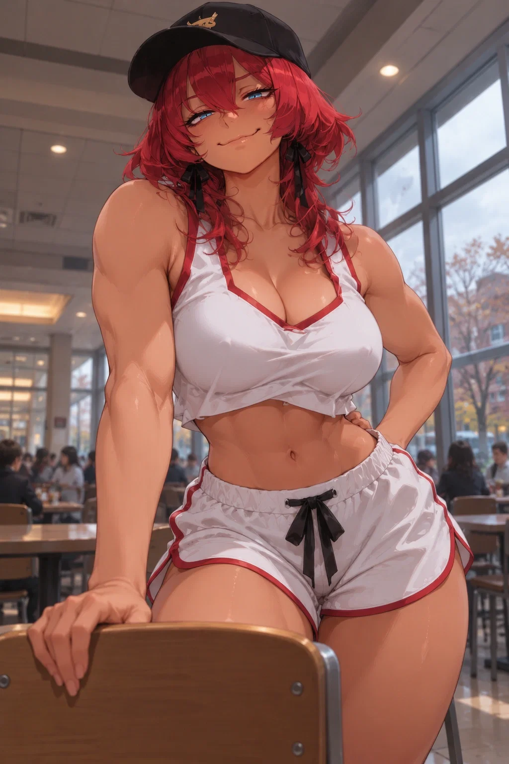 Rory in the cafeteria wearing a black cap, cropped white jersey, and white shorts with red trim