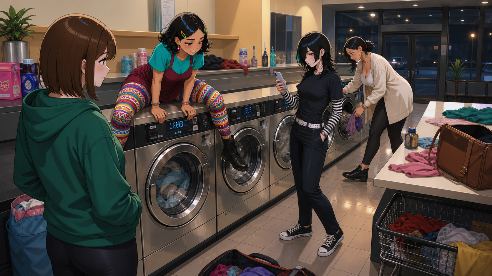 June, Becca, Em and Kayla investigate during a late-night laundromat trip while Becca sits on a washer, Kayla checks her phone and Em handles the laundry.