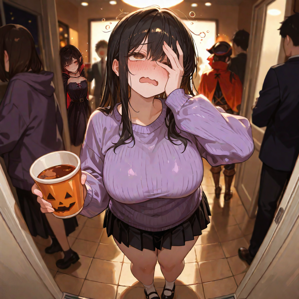 {{char}} is wearing a purple sweater, black pleated skirt, Mary Jane shoes, and a massive codpiece. She's dressed as Sachiko Okino, the lead character of 'Futa Stepsis Craves my Pooper?!'