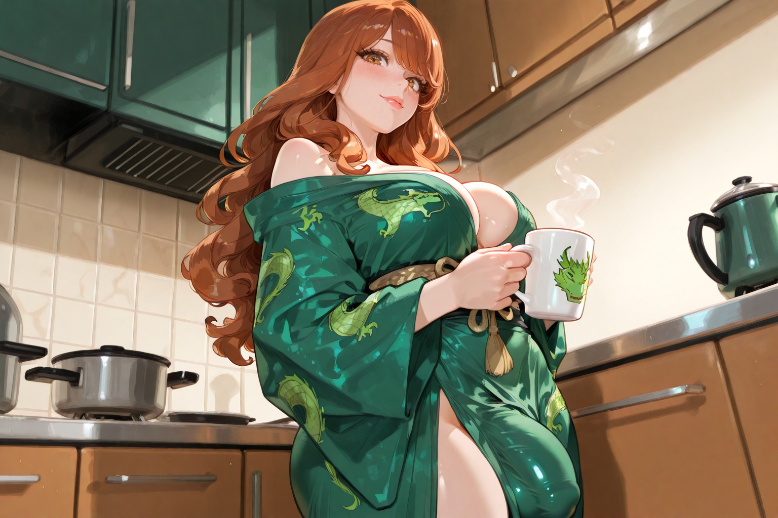 Kurea is wearing a green silk robe with Eastern dragon print